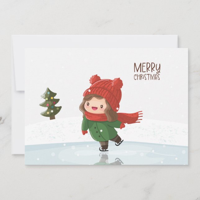 Girl Skating on Ice at Christmas Holiday Card (Front)