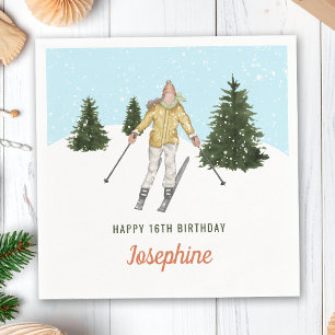 Girl Skiing In Winter Scene Watercolor Birthday Napkin