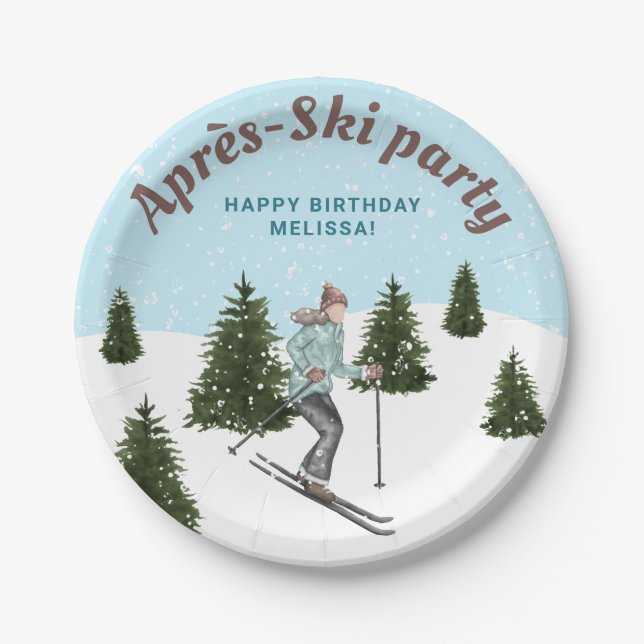 Girl Skiing Winter Slopes Après-Ski Birthday Party Paper Plate (Front)