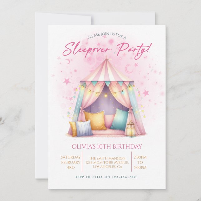  Girl Sleepover birthday party Invitation (Front)