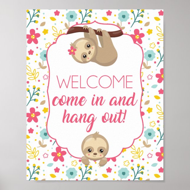 Girl Sloth Birthday Party Welcome Sign Flowers (Front)