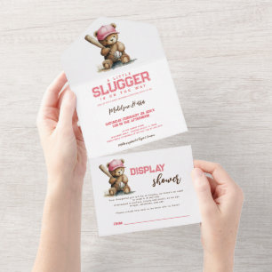 Girl Slugger Teddy Bear QR RSVP Baby Shower All In One Invitation