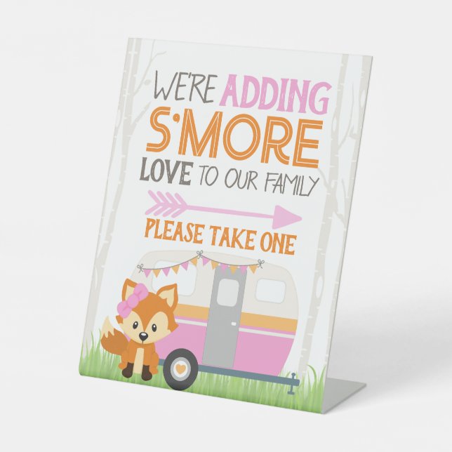 Girl S'more Love RV Camper Woodland Baby Shower Pedestal Sign (Front)