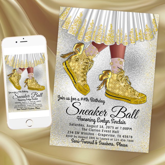 Girl Sneaker Ball Birthday Party Invitation (Girl Gold Sneaker Ball Birthday Party Invitation. Instant download and printed invitations available)