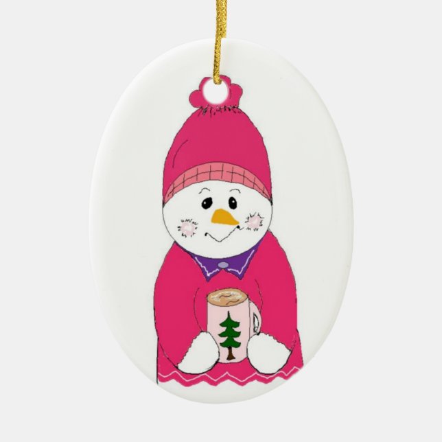Girl Snowman in Pink Toque Ceramic Tree Decoration (Front)