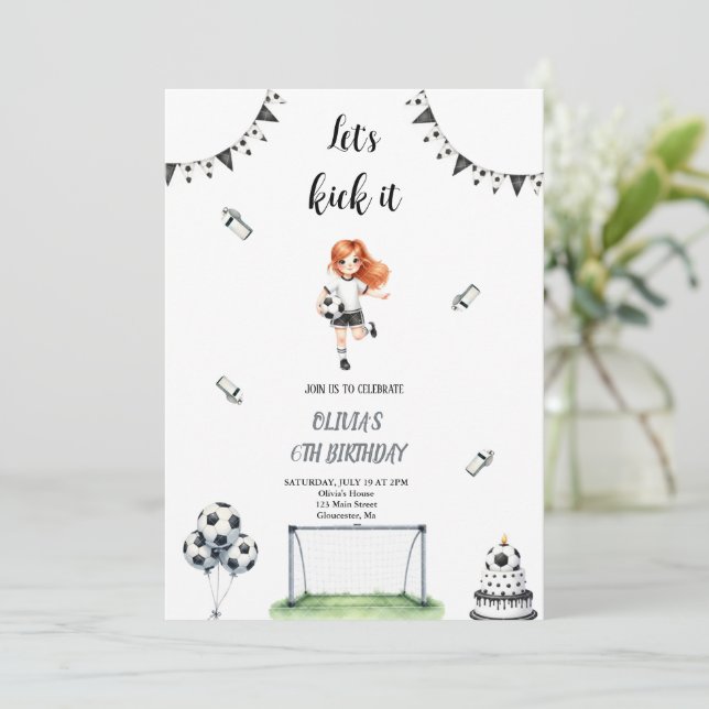GIRL  SOCCER FOOTBALL BIRTHDAY INVITATION (Standing Front)