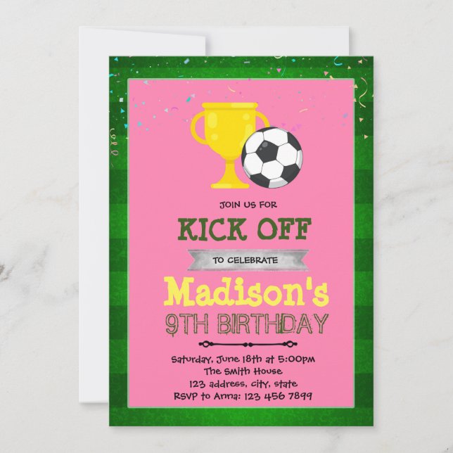 Girl soccer party birthday invitation (Front)