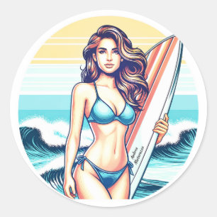 Girl Sport & Surfing Classic Round Sticker