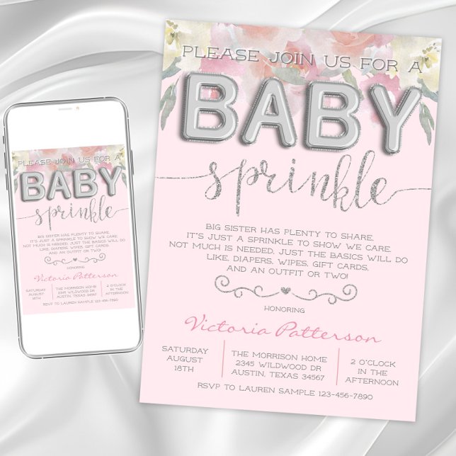 Girl Sprinkle Baby Shower Watercolor Foil Balloons Invitation (Pretty pink sprinkle baby shower invitation. Instant download and printed invitations available.)
