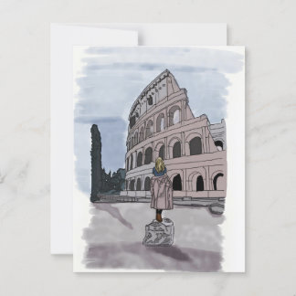 Girl standing front of Colosseum. Postcard