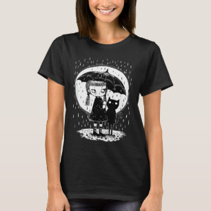 Girl Standing In Rain With Strange Cat On A Moonli T-Shirt