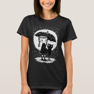 Girl Standing In Rain With Strange Cat On A Moonli T-Shirt