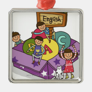Girl standing with arms raised and boys sitting metal tree decoration