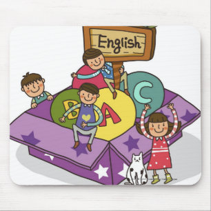 Girl standing with arms raised and boys sitting mouse pad