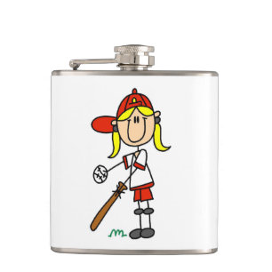 Girl Stick Figure Baseball Up At Bat Hip Flask