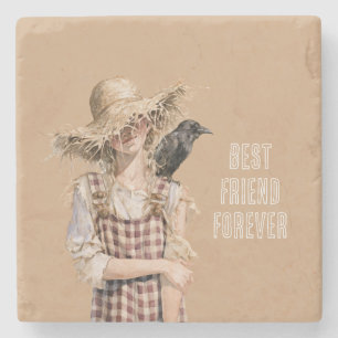 Girl Straw Hat Crow Stone Coaster