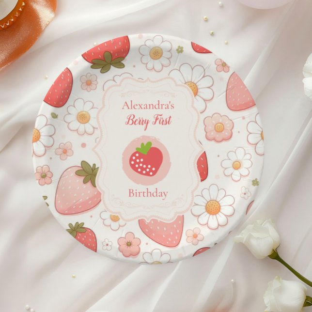 Girl Strawberry Berry First 1st Birthday Party Paper Plate (Creator Uploaded)