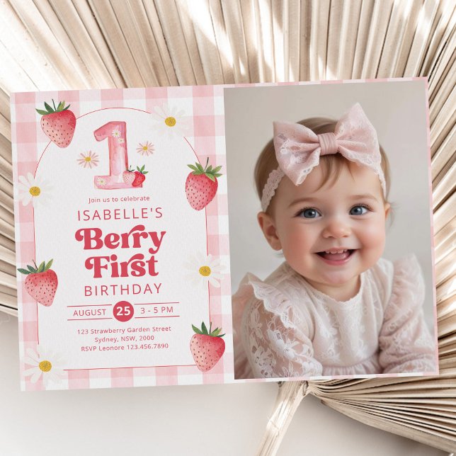 Girl Strawberry Berry First 1st Birthday Photo Invitation (Creator Uploaded)