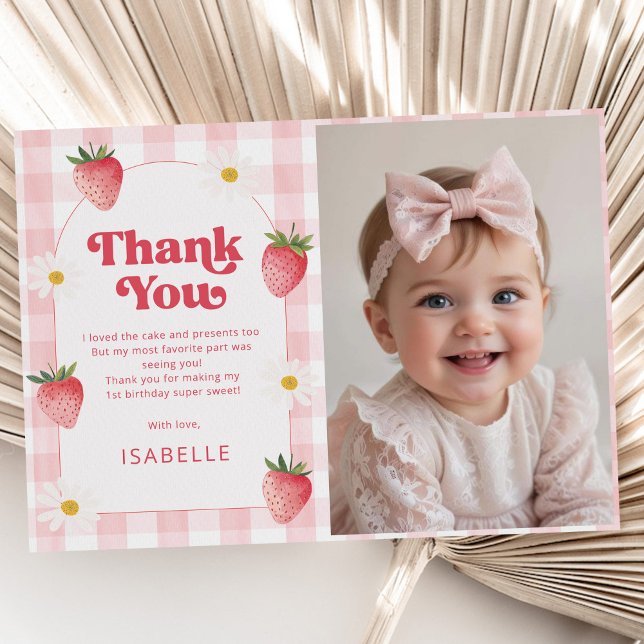 Girl Strawberry Berry First 1st Birthday Photo Thank You Card (Creator Uploaded)