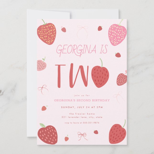 Girl Strawberry Second Birthday Invitation (Front)