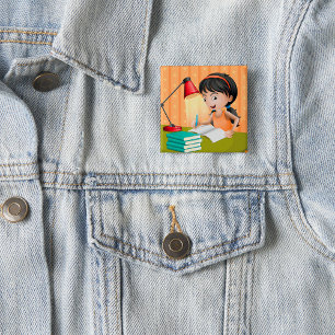 Girl Studying at Desk Doing Homework 15 Cm Square Badge