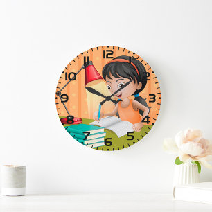 Girl Studying at Desk Doing Homework Large Clock