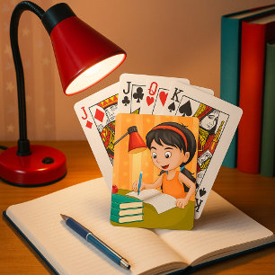 Girl Studying at Desk Doing Homework Playing Cards