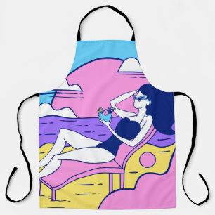 girl sunbathes on the beach with a cocktail in han apron