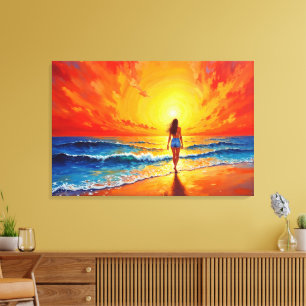 Girl sunset beach walk ocean waves decor