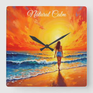 Girl sunset beach walk ocean waves decor square wall clock