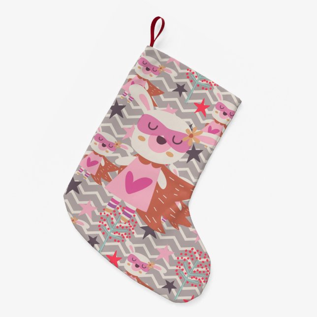 Girl Superhero Bunny Small Christmas Stocking (Front (Hanging))