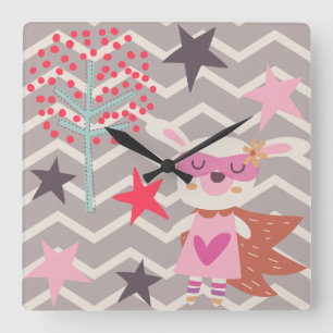 Girl Superhero Bunny Square Wall Clock