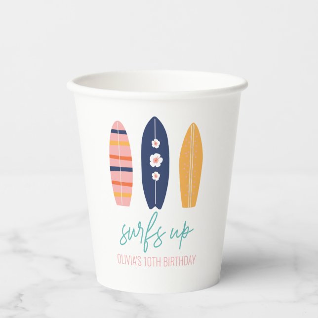 Girl Surfboard Beach birthday Paper Cups (Front)