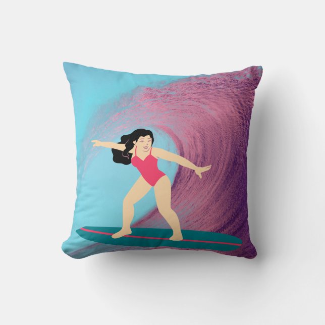 Girl surfing at sunset. cushion (Front)