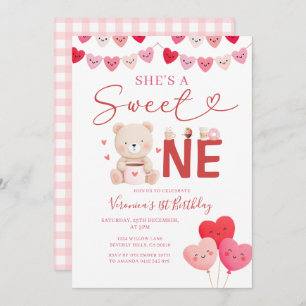 Girl Sweet One Bear Valentine Birthday Gift Party Invitation