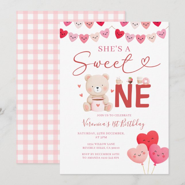 Girl Sweet One Bear Valentine Birthday Gift Party Invitation (Front/Back)