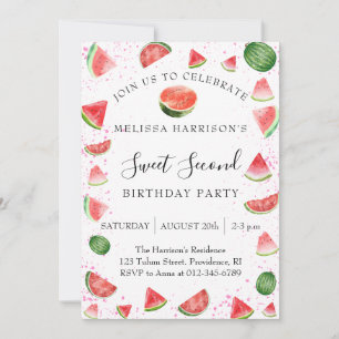 Girl Sweet Second Birthday Party Watermelon Invitation