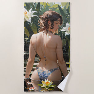 Girl swin in pond Beach Towel