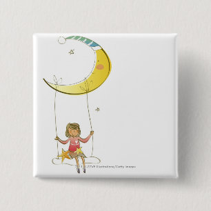 Girl swinging on a rope hanging from crescent moon 15 cm square badge
