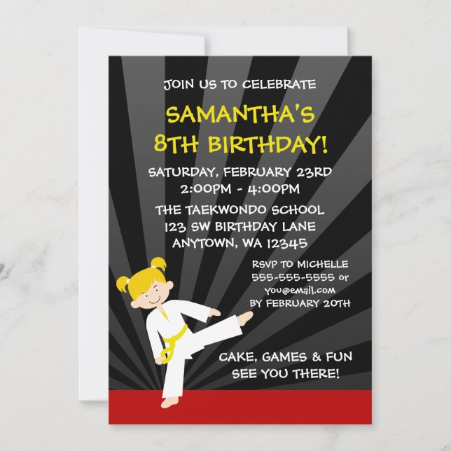 Girl Taekwondo Karate Yellow Belt Blonde Birthday Invitation (Front)