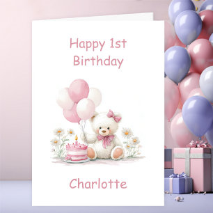 Girl Teddy Bear 1st Birthday Card