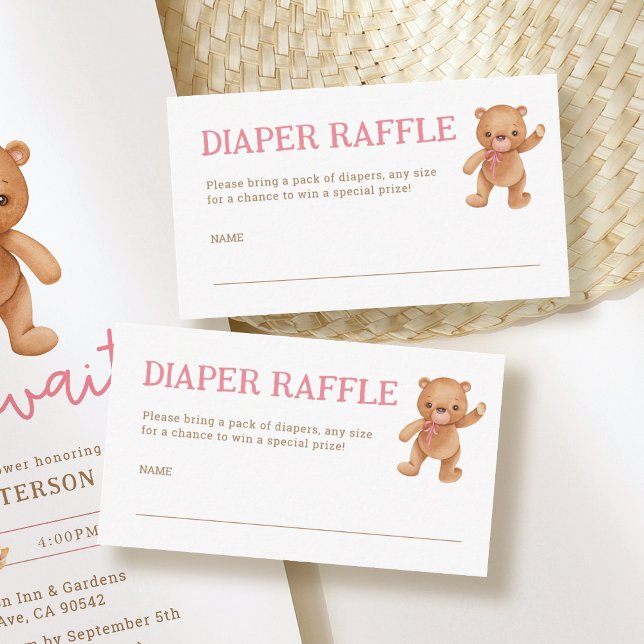 Girl Teddy Bear Baby Shower Diaper Raffle Ticket Enclosure Card (Creator Uploaded)