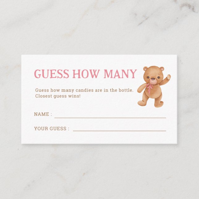 Girl Teddy Bear Baby Shower Guess How Many Enclosure Card (Front)