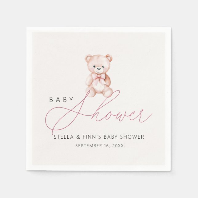 Girl Teddy Bear Baby Shower Paper Napkin (Front)