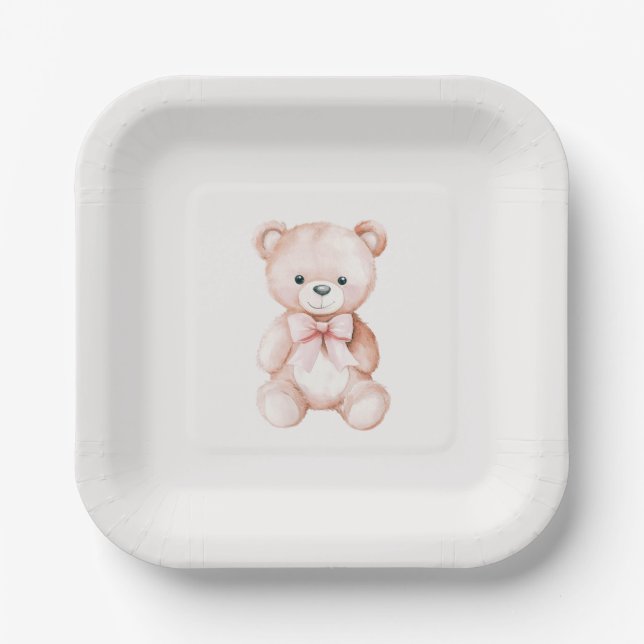 Girl Teddy Bear Baby Shower Paper Paper Plate (Front)