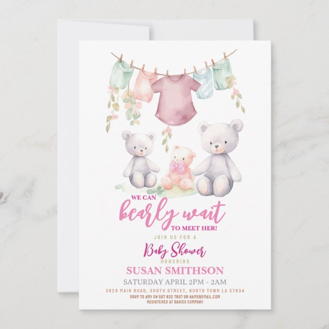 Girl Teddy Bear Baby Shower Pink Barely Wait Invitation (Front)