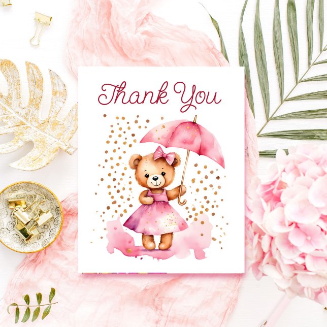 Girl teddy bear baby shower thank you card (Girl teddy bear baby shower thank you card cute teddy bear with a pink dress umbrella gold sprinkles)