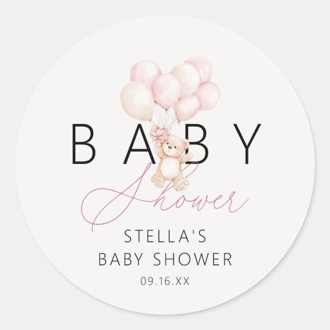 Girl Teddy Bear Balloons Baby Shower Classic Round Sticker (Front)