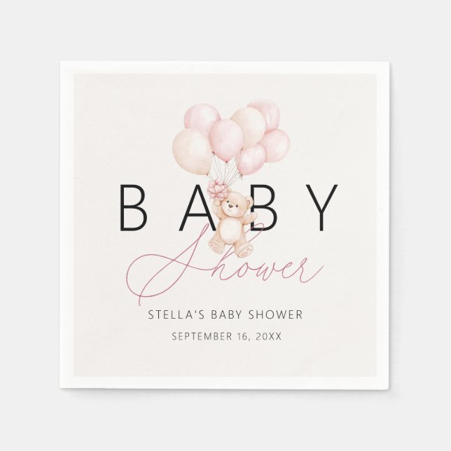 Girl Teddy Bear Balloons Baby Shower Paper Napkin (Front)