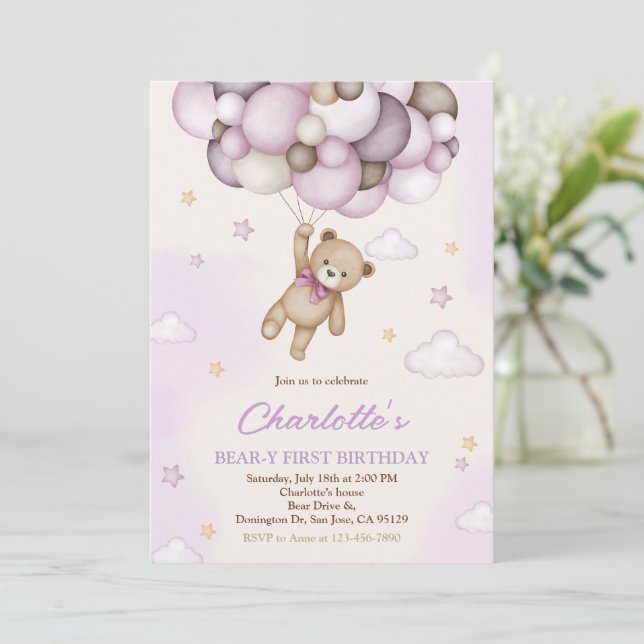 Girl Teddy Bear Pink Brown Balloons 1st Birthday Invitation (Standing Front)
